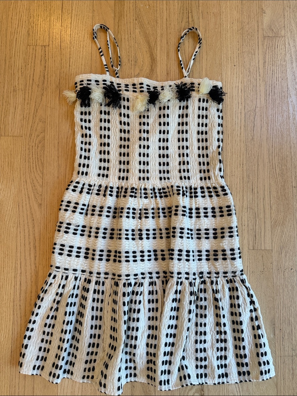 Tessora Lola Black & Ivory Tassel Dress, 100% Cotton, Size XS